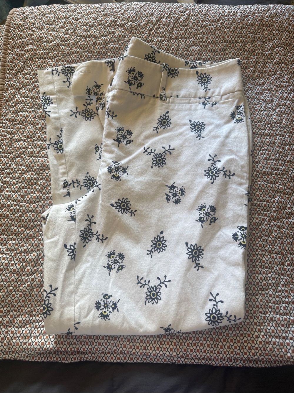 LOFT White Straight-Leg Jeans with Black Floral Print